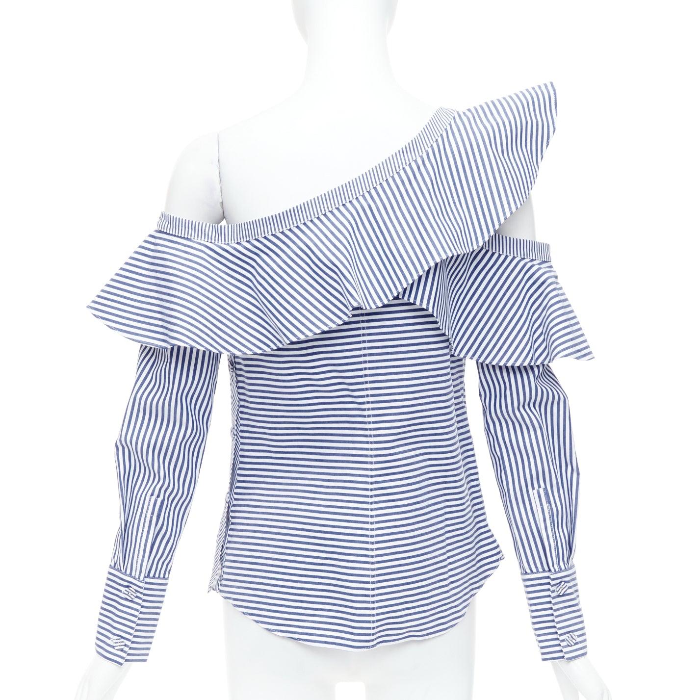 Women's SELF PORTRAIT blue white striped off shoulder asymmetric ruffle top UK8 S For Sale