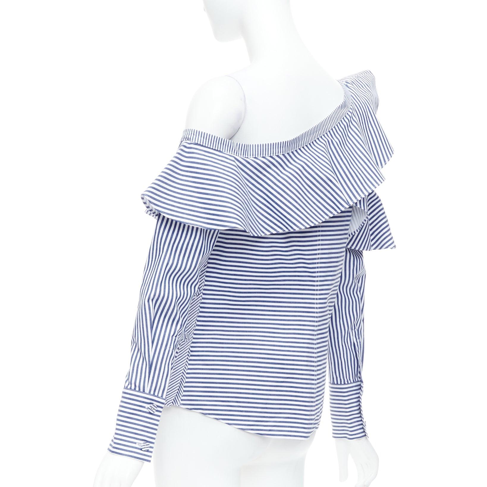 SELF PORTRAIT blue white striped off shoulder asymmetric ruffle top UK8 S For Sale 1
