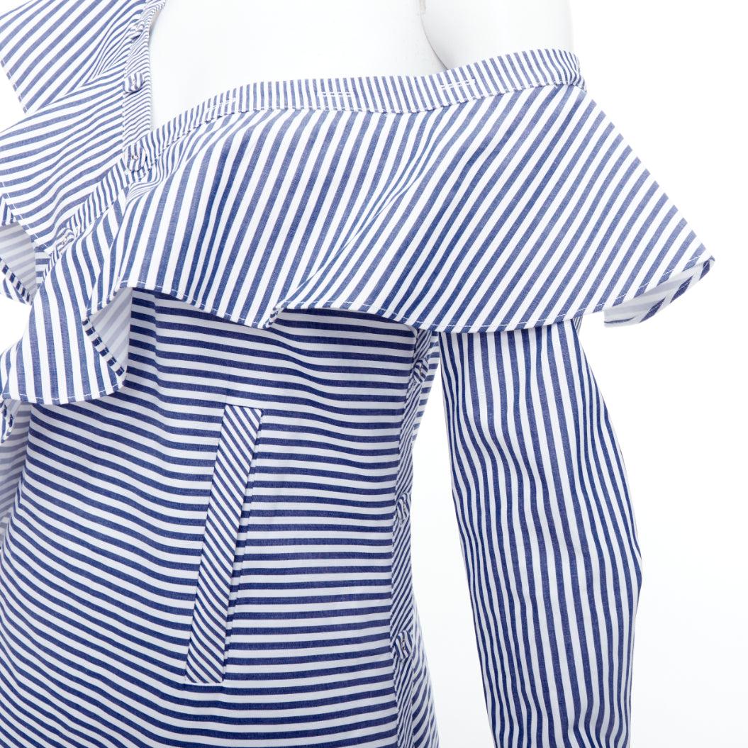 SELF PORTRAIT blue white striped off shoulder asymmetric ruffle top UK8 S For Sale 2