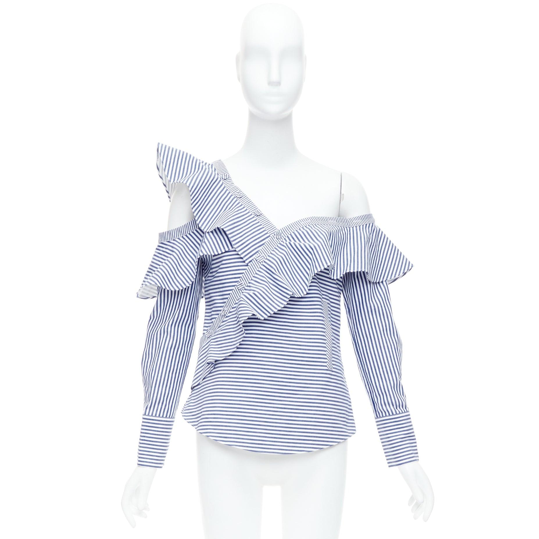 SELF PORTRAIT blue white striped off shoulder asymmetric ruffle top UK8 S For Sale 4