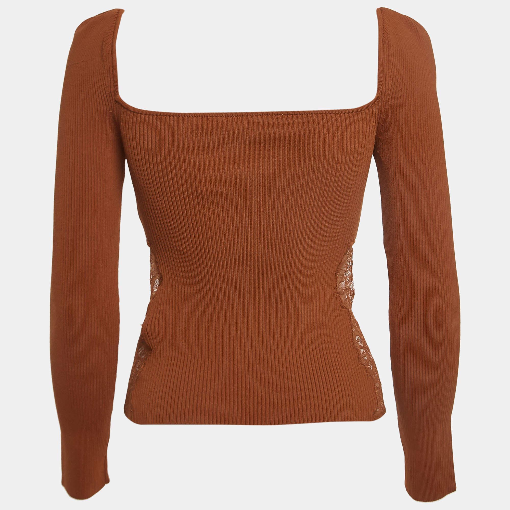 Self-Portrait Brown Rib Knit Lace Detail Long Sleeve Top M For Sale 1