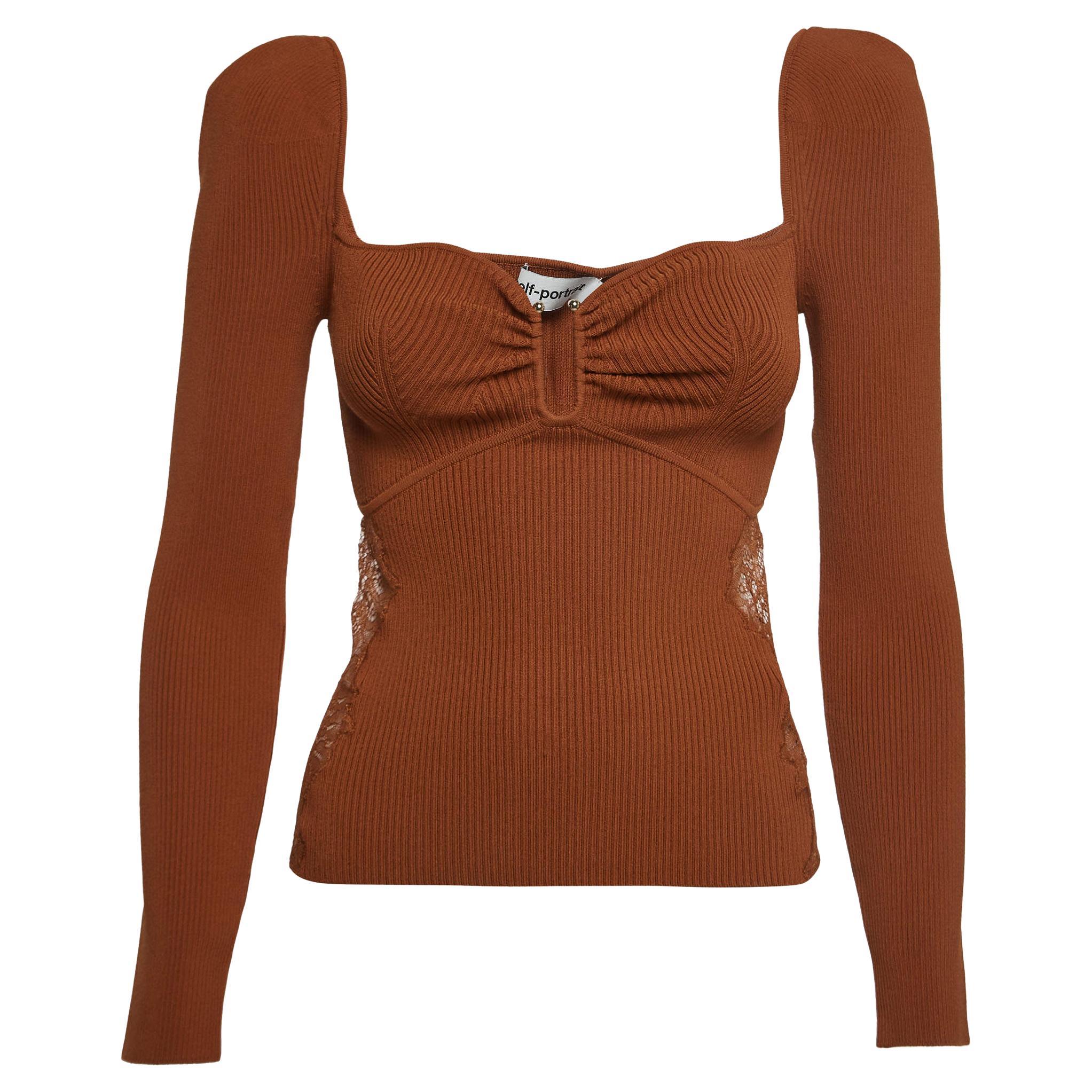 Self-Portrait Brown Rib Knit Lace Detail Long Sleeve Top M For Sale