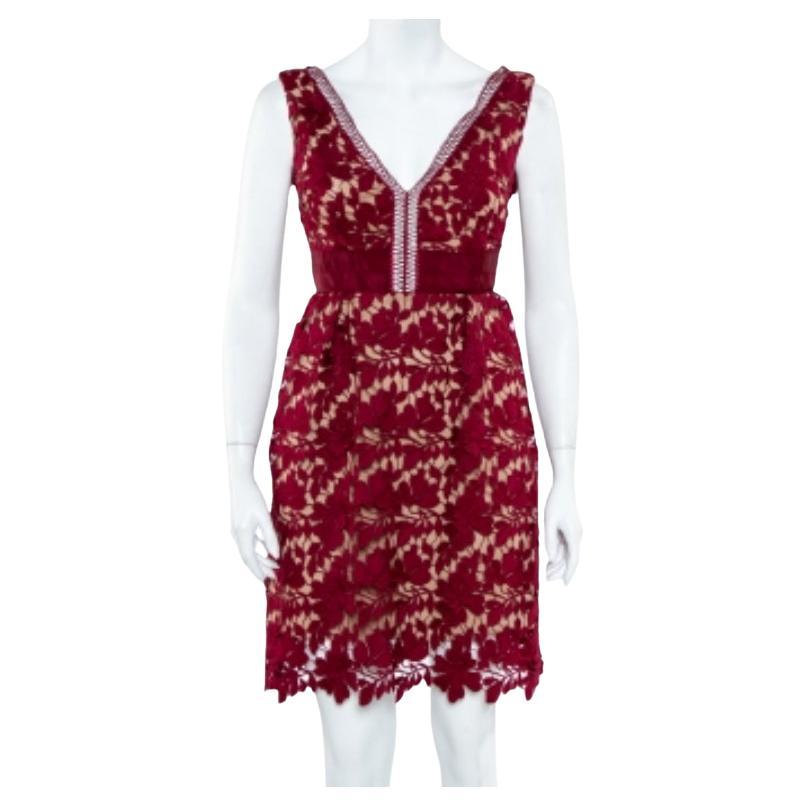 Self-Portrait Burgundy Guipure Lace Plunge Neck Detail Short Dress S For Sale