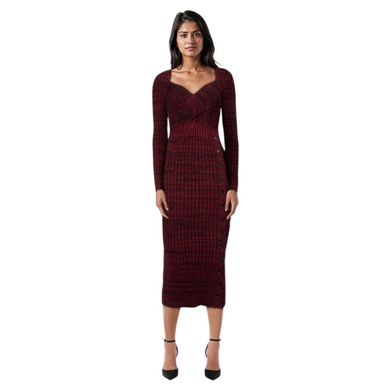 Self-Portrait Burgundy Ribbed Knit Midi Dress Size S For Sale at 1stDibs