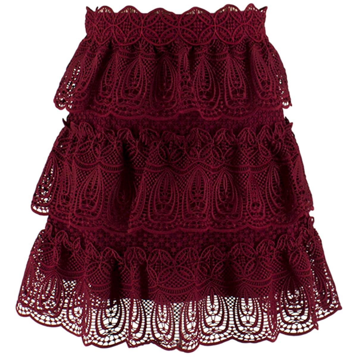 Self Portrait Burgundy Tiered Lace Skirt UK 8