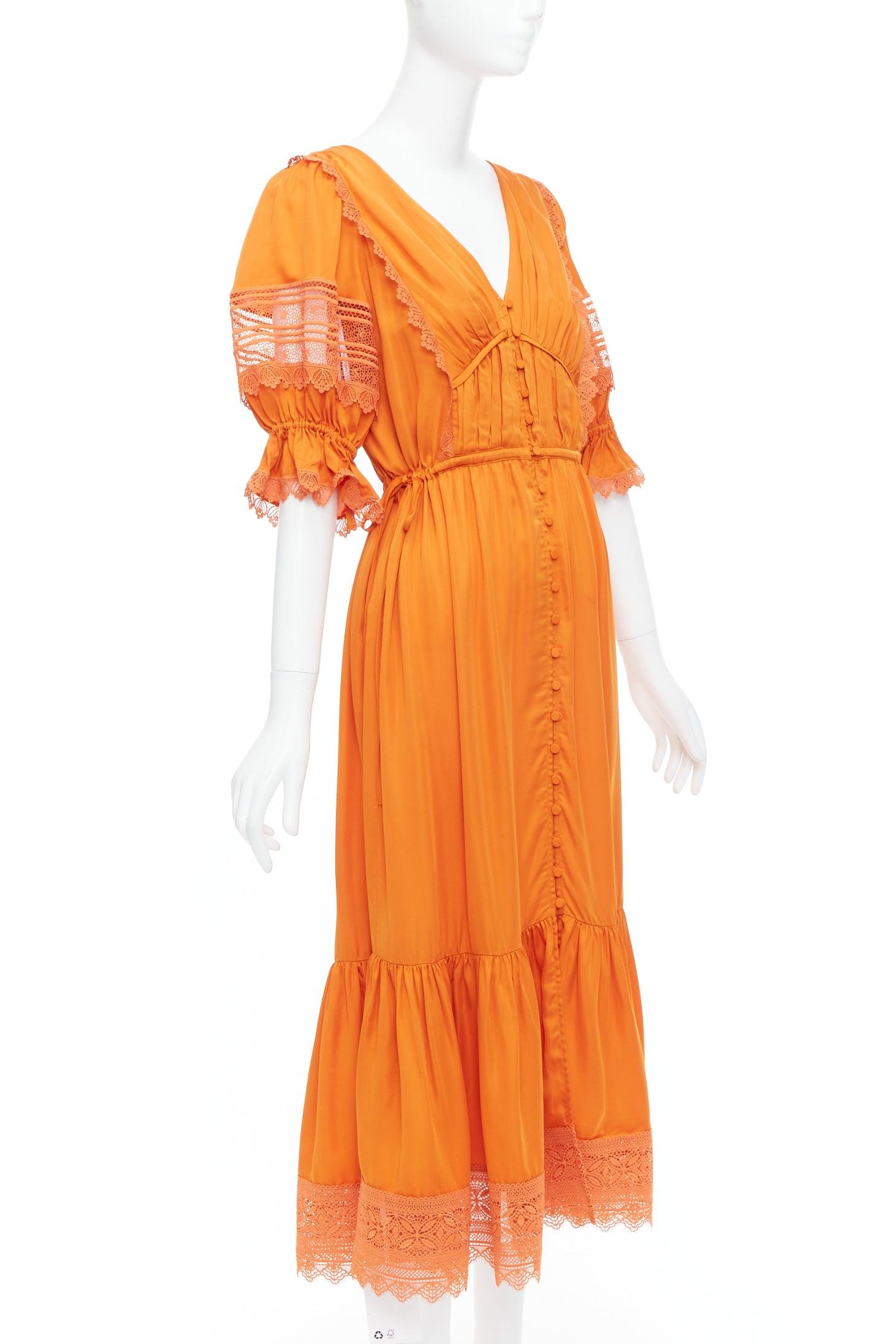 Orange SELF PORTRAIT burnt orange lace trim satin twill ruffle midi dress UK8 S For Sale