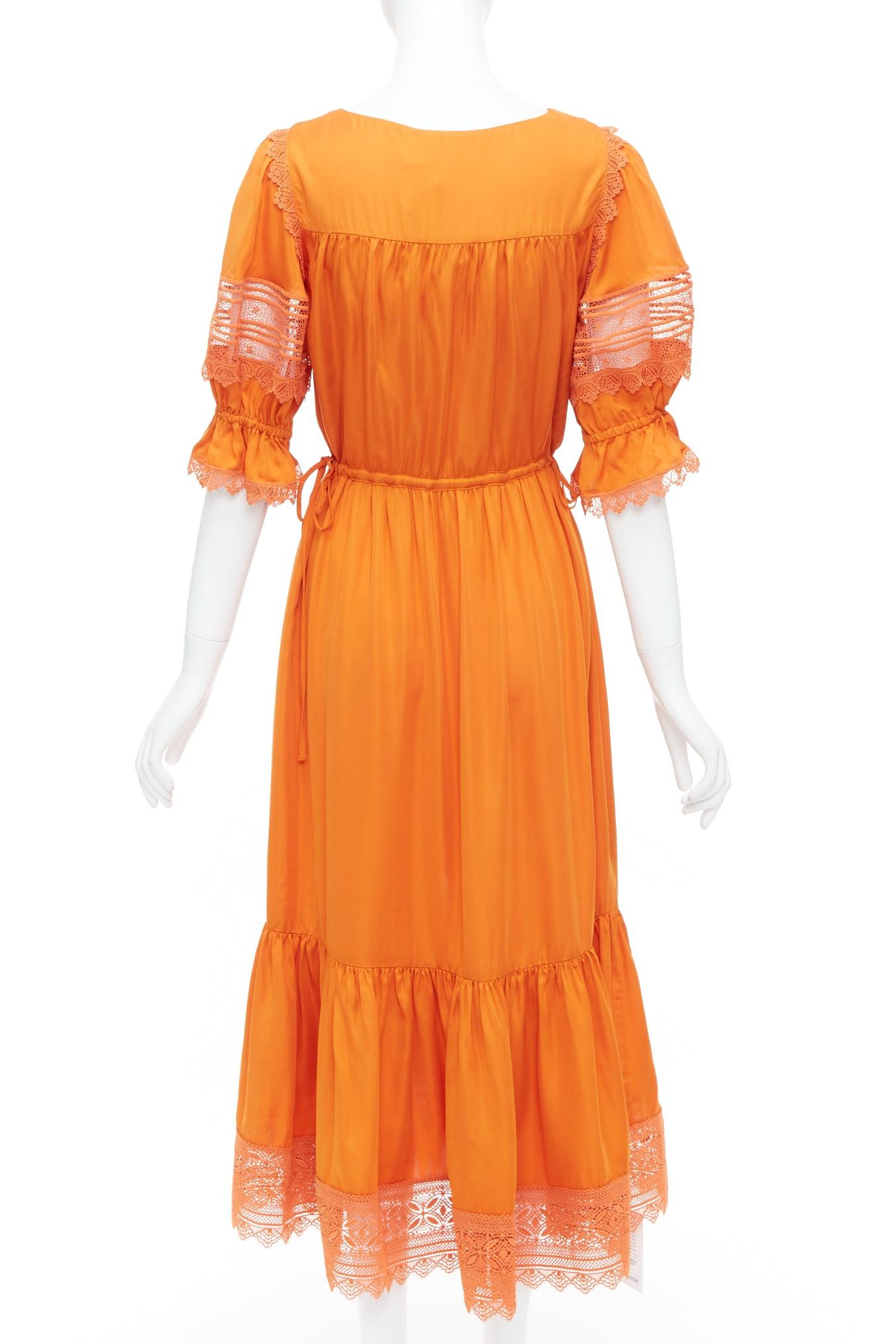 Women's SELF PORTRAIT burnt orange lace trim satin twill ruffle midi dress UK8 S For Sale