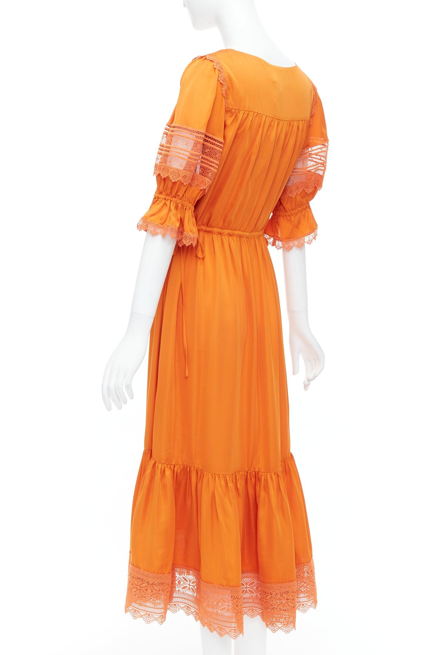 SELF PORTRAIT burnt orange lace trim satin twill ruffle midi dress UK8 S For Sale 1