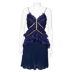 Self-Portrait Chiffon & Embellished Guipure Lace Overlay Short Pleated Dress S