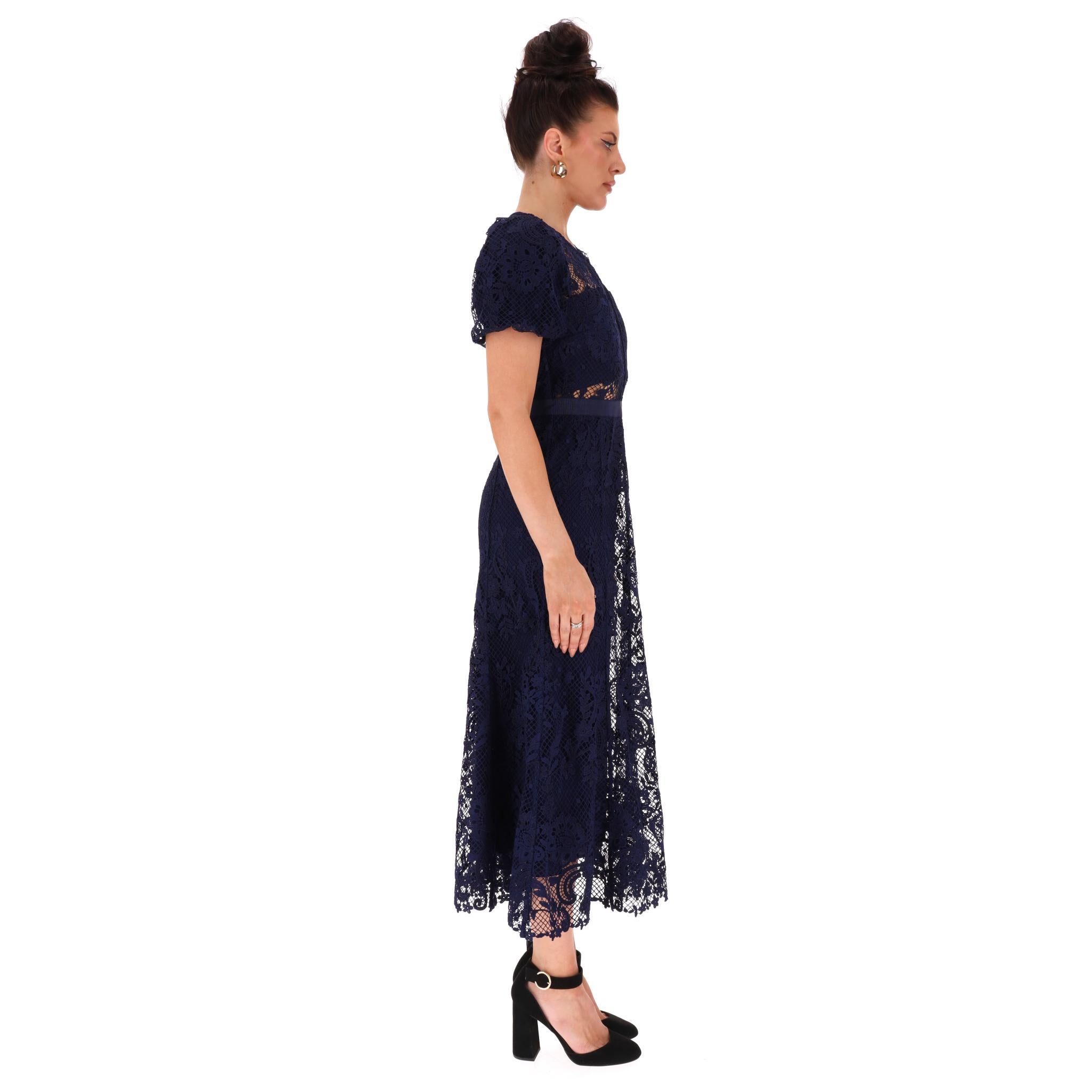 Black Self-Portrait Corded Guipure Lace Midi Dress For Sale