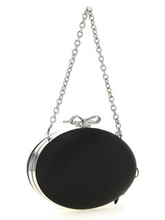 Self-Portrait Crystal Bow Clasp Satin Oval Clutch — Black