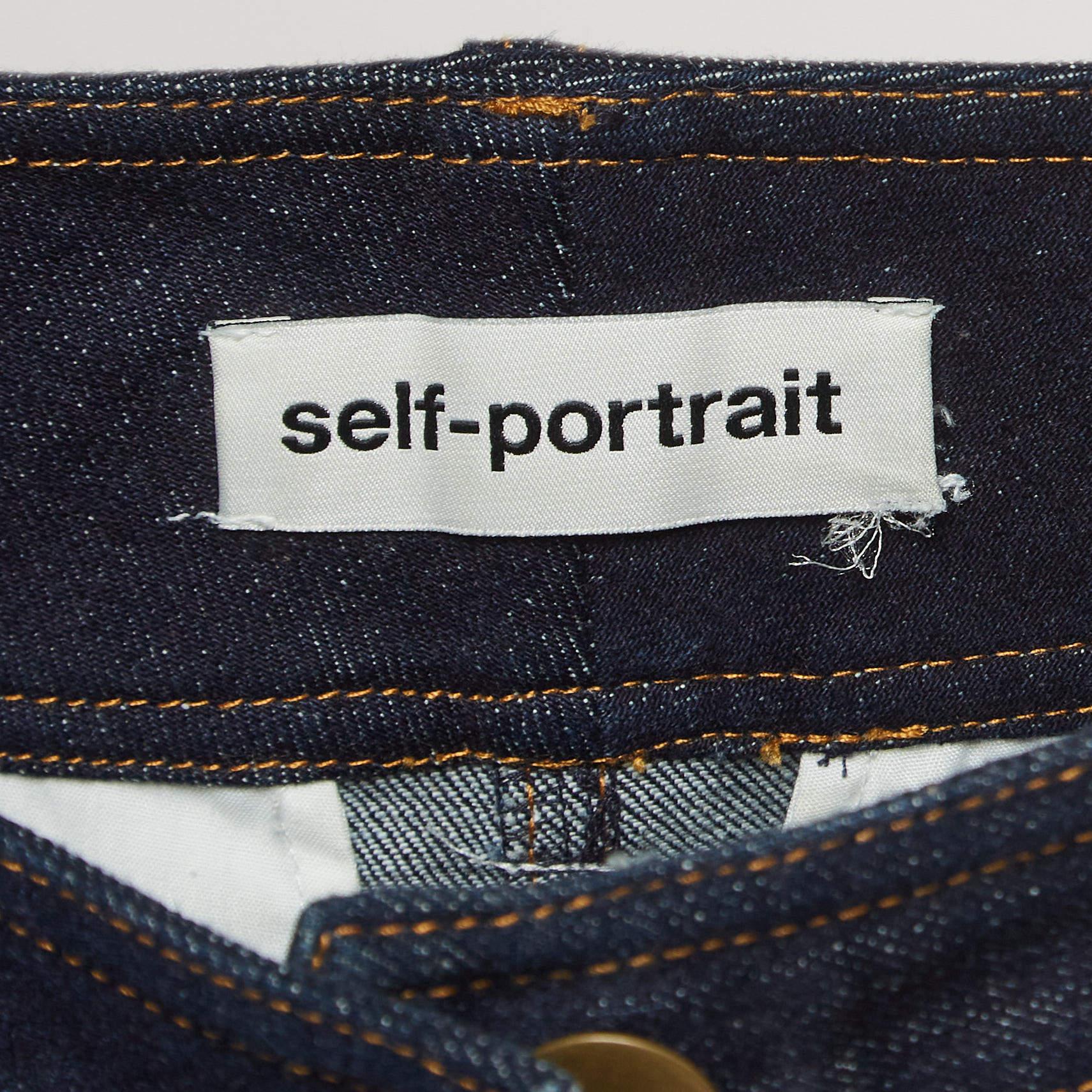 Self-Portrait Dark Blue Denim High Waist Flounced Shorts S In Good Condition In Dubai, Al Qouz 2