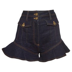 Self-Portrait Dark Blue Denim High Waist Flounced Shorts S