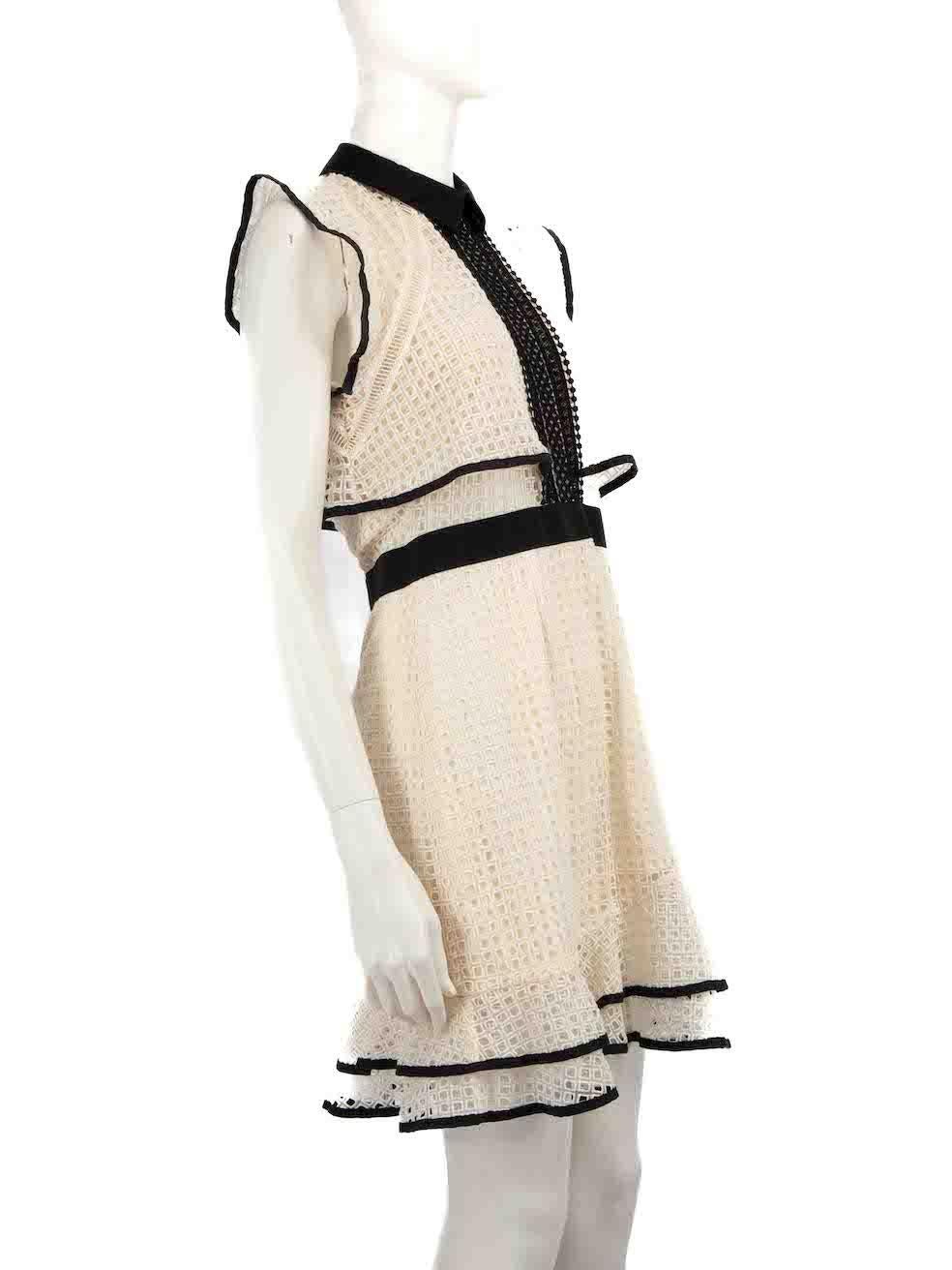 CONDITION is Very good. Hardly any visible wear to dress is evident on this used Self-Portrait designer resale item.
 
 
 
 Details
 
 
 Ecru
 
 Cotton
 
 Dress
 
 Sleeveless
 
 Knee length
 
 Round neck
 
 Black trim
 
 Sheer top
 
 Back hook and