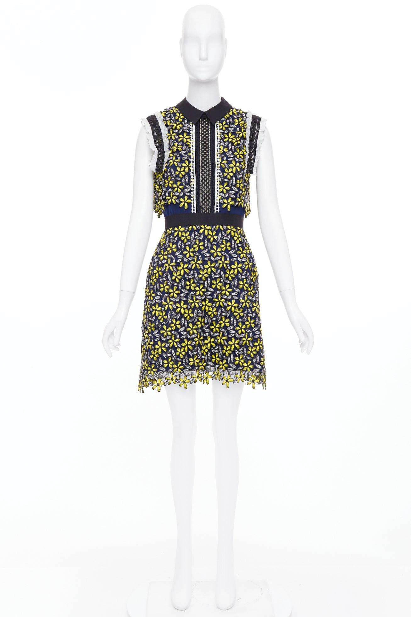 SELF PORTRAIT Eleina Daisy Guipure gelb navy Spitze geblümtes Kleid UK4 XXS im Angebot 4