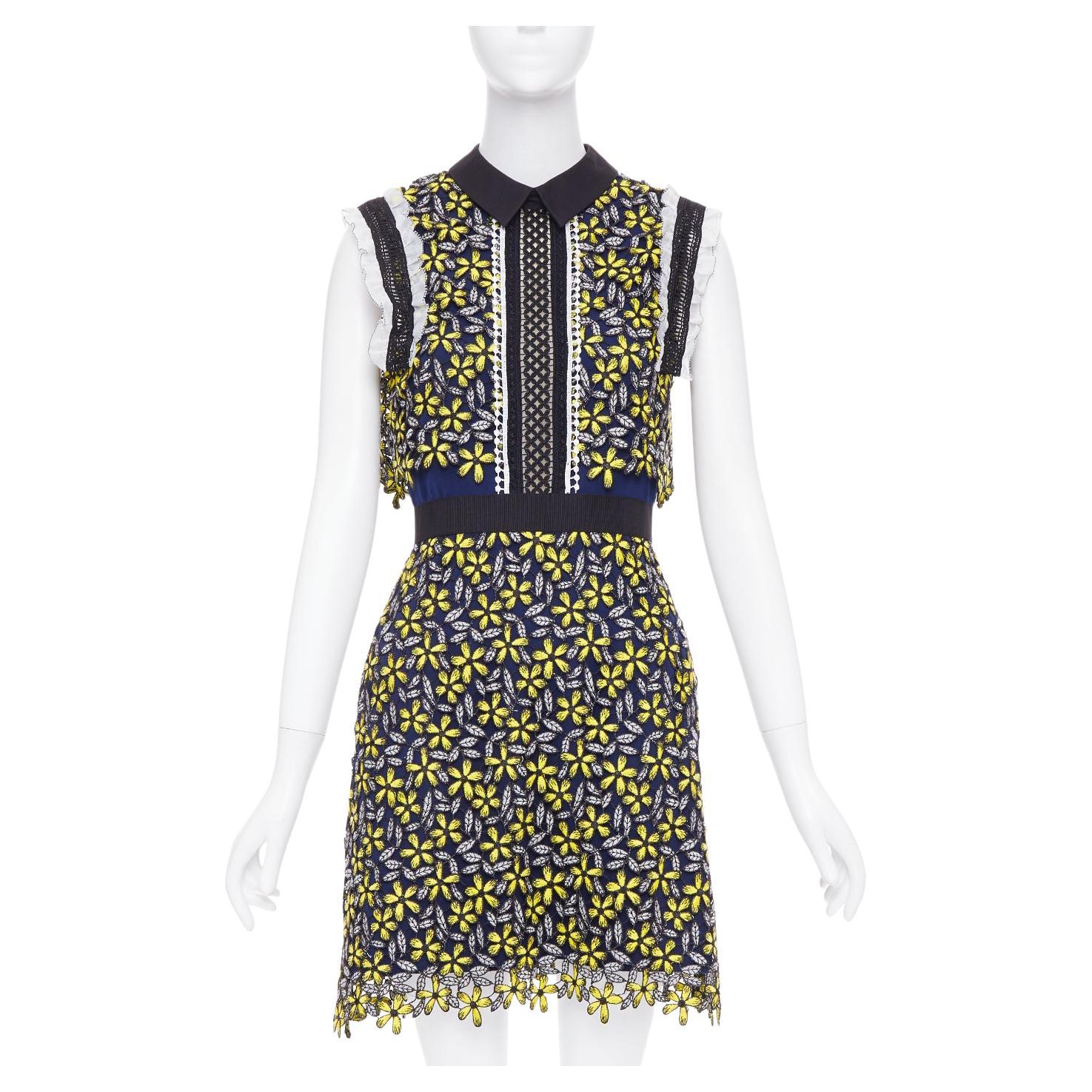 SELF PORTRAIT Eleina Daisy Guipure gelb navy Spitze geblümtes Kleid UK4 XXS im Angebot