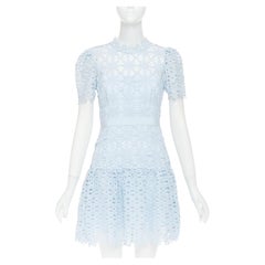 SELF PORTRAIT Geo Guipure Lace light blue grosgrain mock neck dress UK8 S