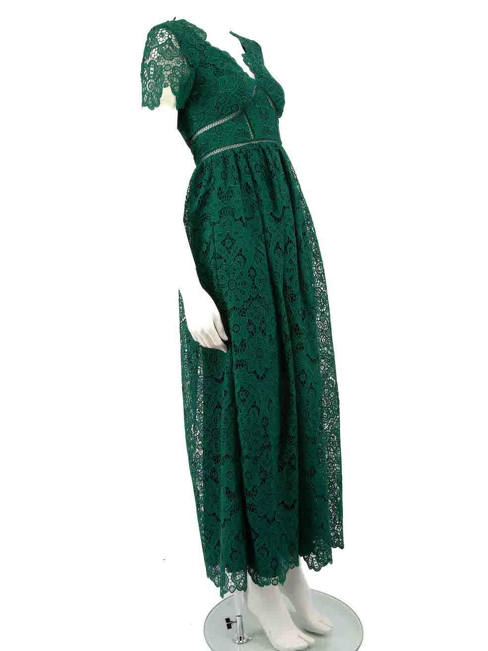 CONDITION is Never worn, with tags. No visible wear to dress is evident on this new Self-portrait designer resale item.
 
 
 
 Details
 
 
 Green
 
 Lace
 
 Gown
 
 Floral pattern
 
 Maxi
 
 V-neck
 
 Short sleeves
 
 Gathered skirt
 
 Back button,