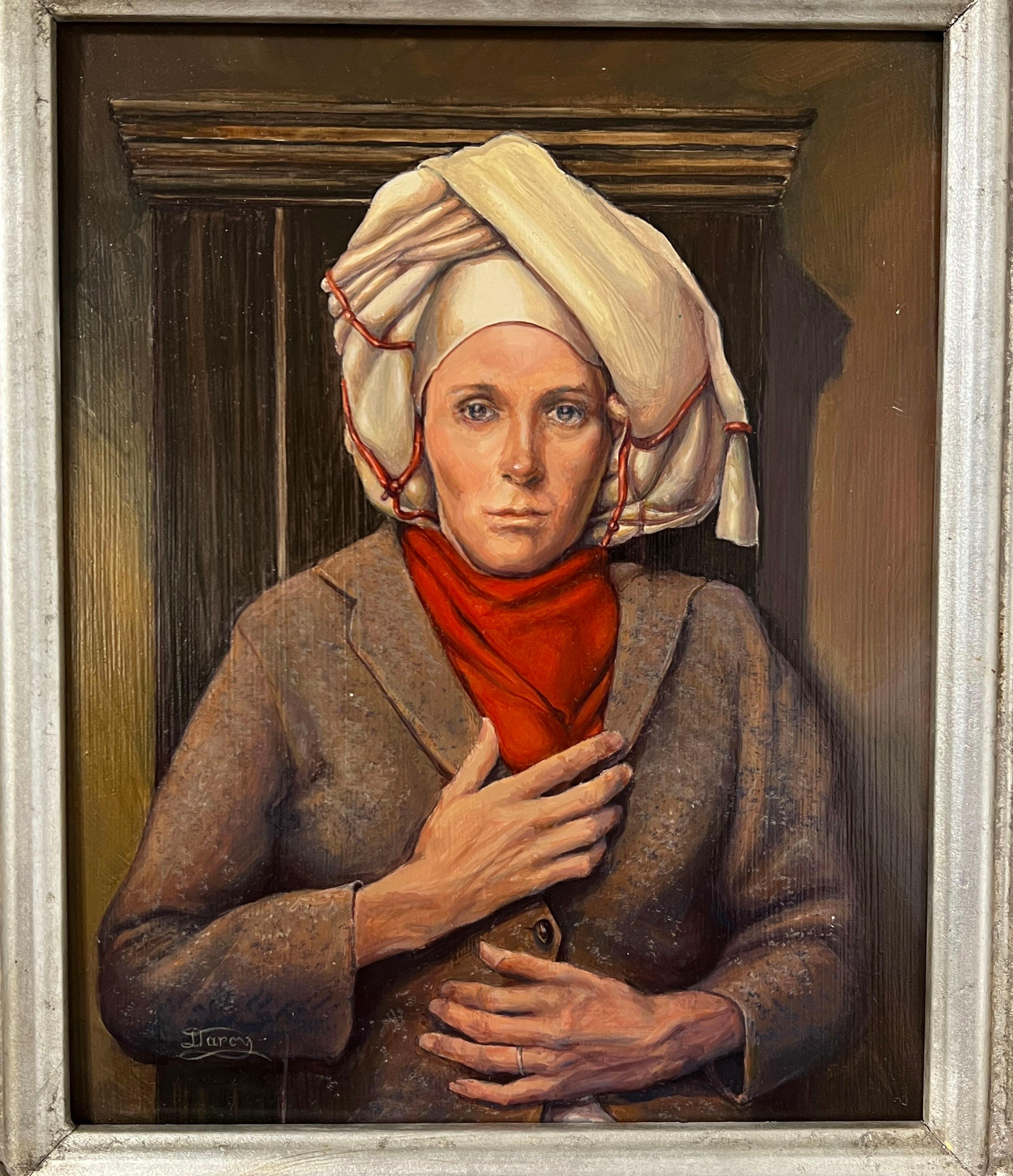 A captivating self portrait in tempera, ca. 1990s, entitled “Coming Out”, signed D. Darcy. Subtle details such as the wardrobe behind the silent artist, a spectacularly improvised headscarf and the wedding ring speak more powerfully than words