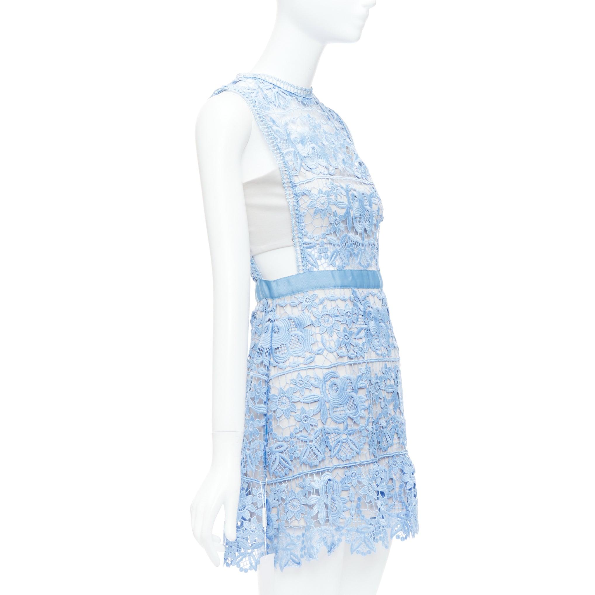 Blue SELF PORTRAIT Lace Peplum blue floral eyelet overlay mini dress UK8 S For Sale
