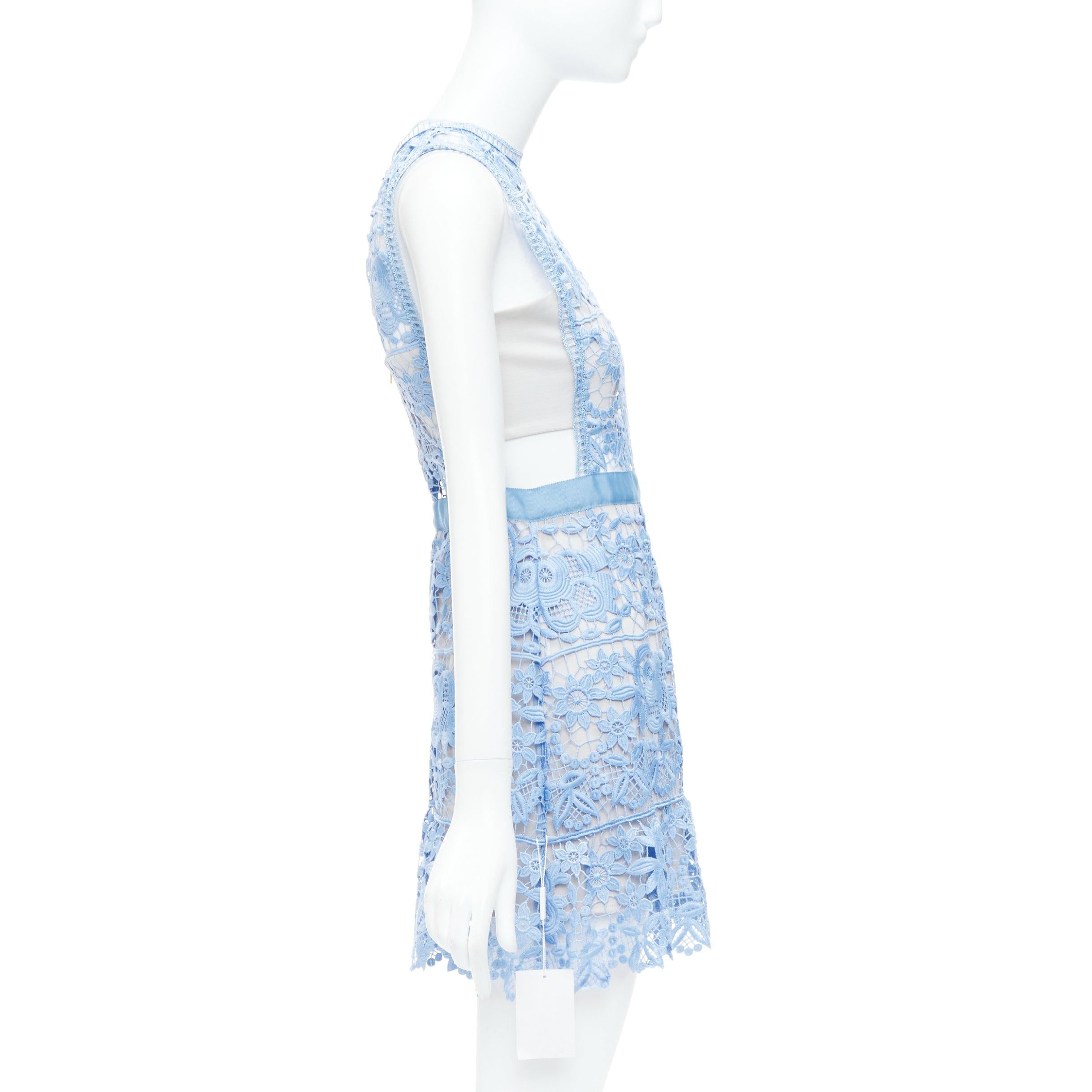 SELF PORTRAIT Lace Peplum blue floral eyelet overlay mini dress UK8 S In Good Condition For Sale In Hong Kong, NT