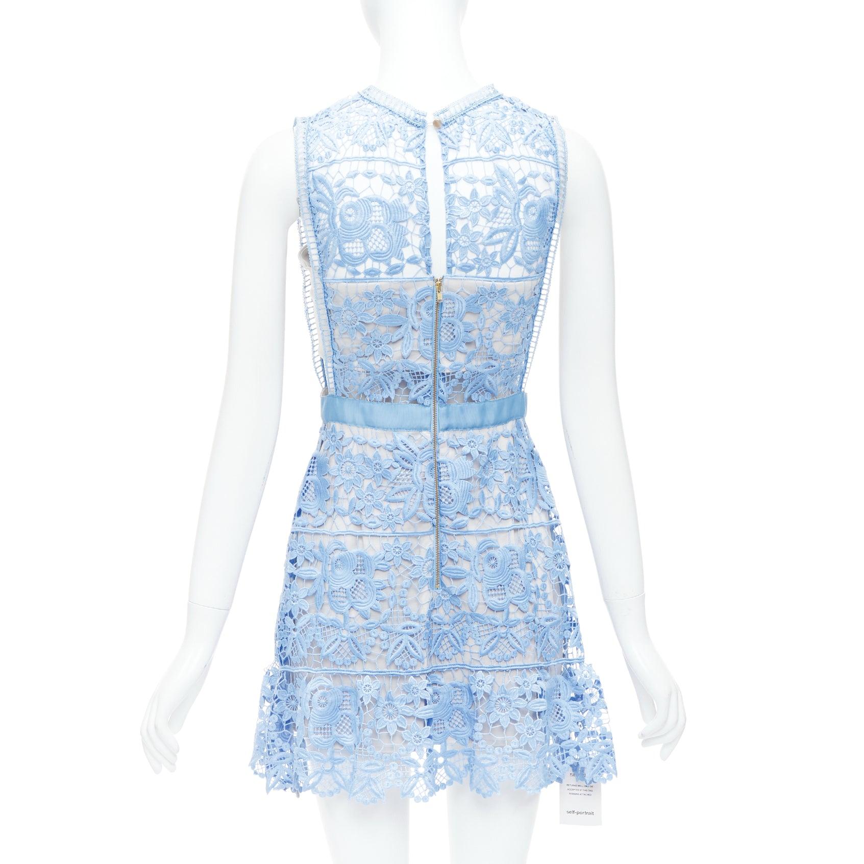 Women's SELF PORTRAIT Lace Peplum blue floral eyelet overlay mini dress UK8 S For Sale