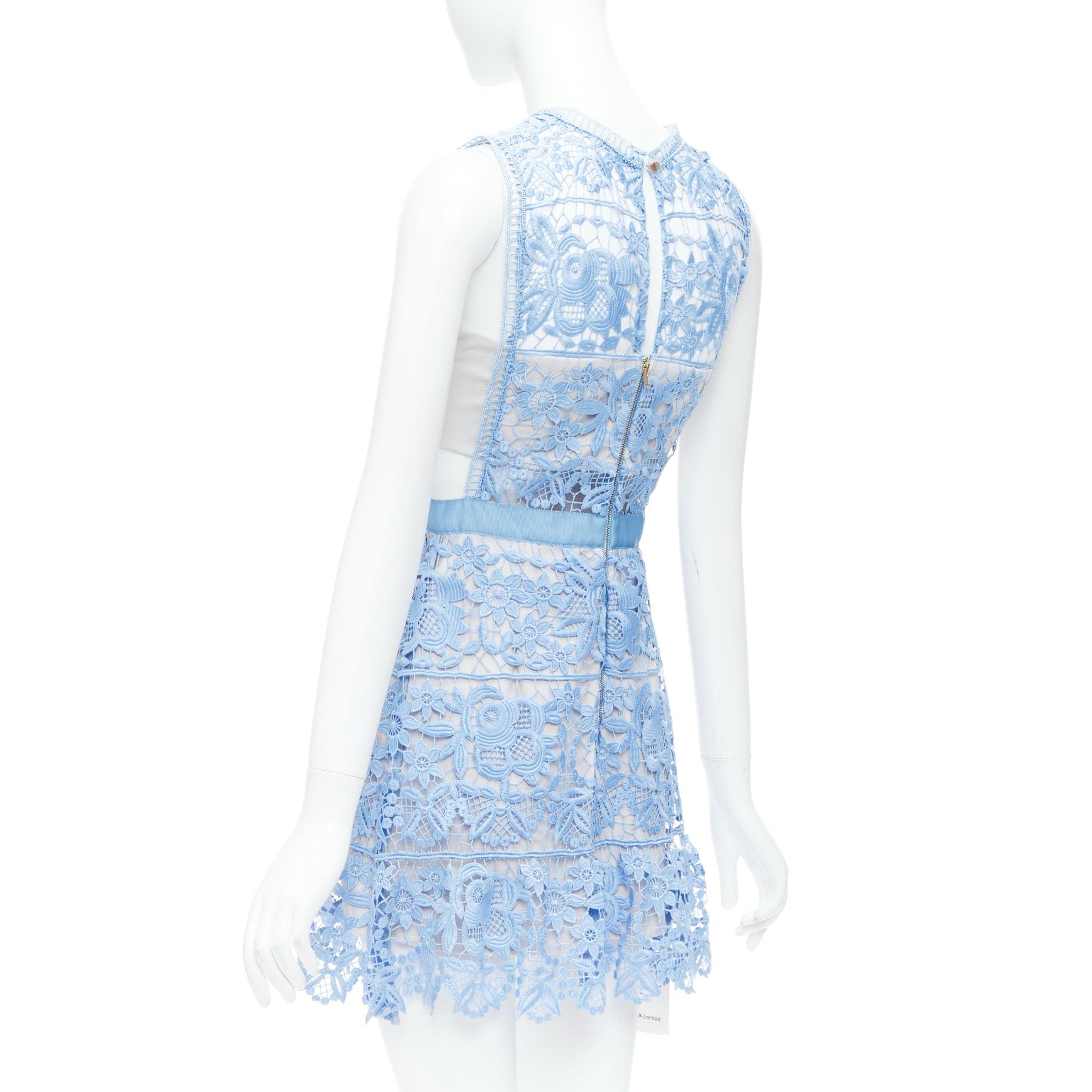 SELF PORTRAIT Lace Peplum blue floral eyelet overlay mini dress UK8 S For Sale 1