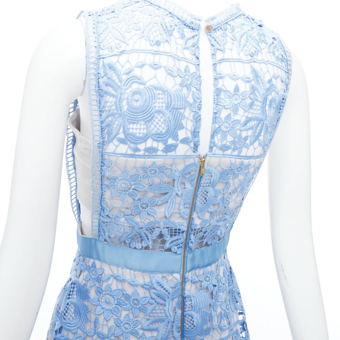 SELF PORTRAIT Lace Peplum blue floral eyelet overlay mini dress UK8 S For Sale 2