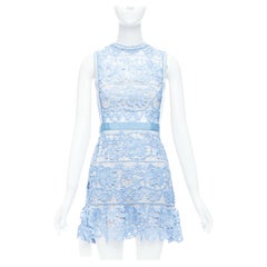SELF PORTRAIT Lace Peplum blue floral eyelet overlay mini dress UK8 S
