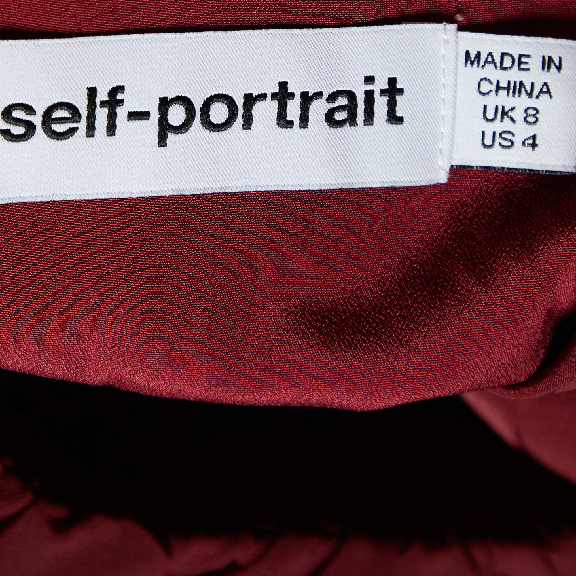 Self-Portrait Maroon Cord Lace Tiered Midi Dress S 1