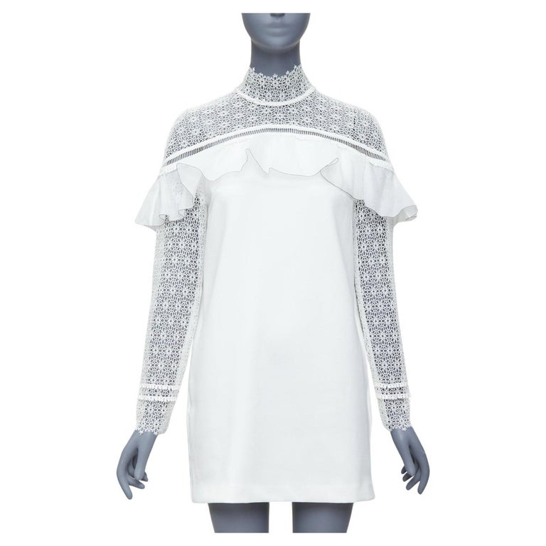 SELF PORTRAIT Military Cape Shoulder white floral lace ruffle dress UK4 XXS  For Sale at 1stDibs