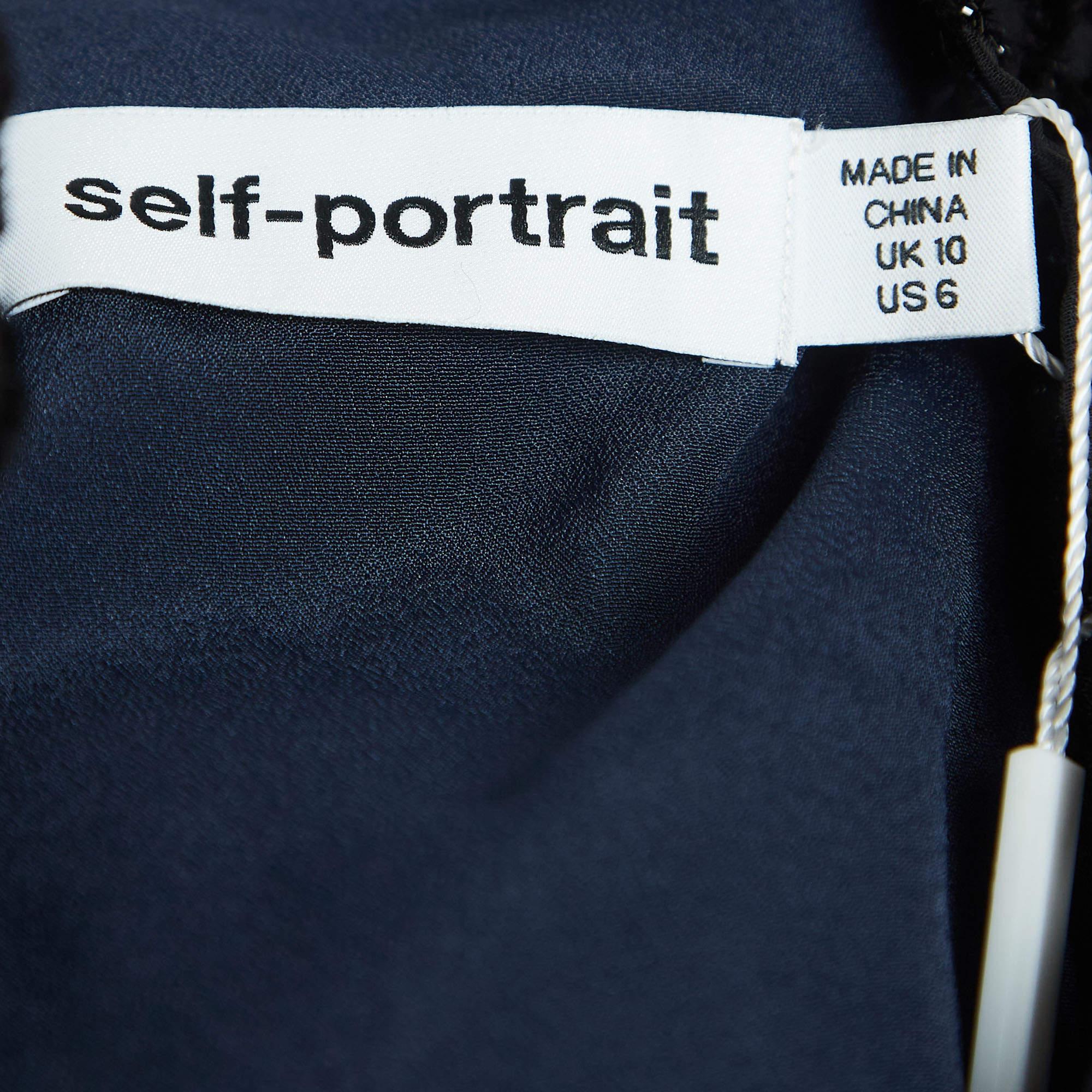 Women's Self-Portrait Navy Blue/Black Textured Crepe Asymmetrical Peplum Top M For Sale