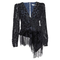 Self-Portrait Navy Blue/Black Textured Crepe Asymmetrical Peplum Top M