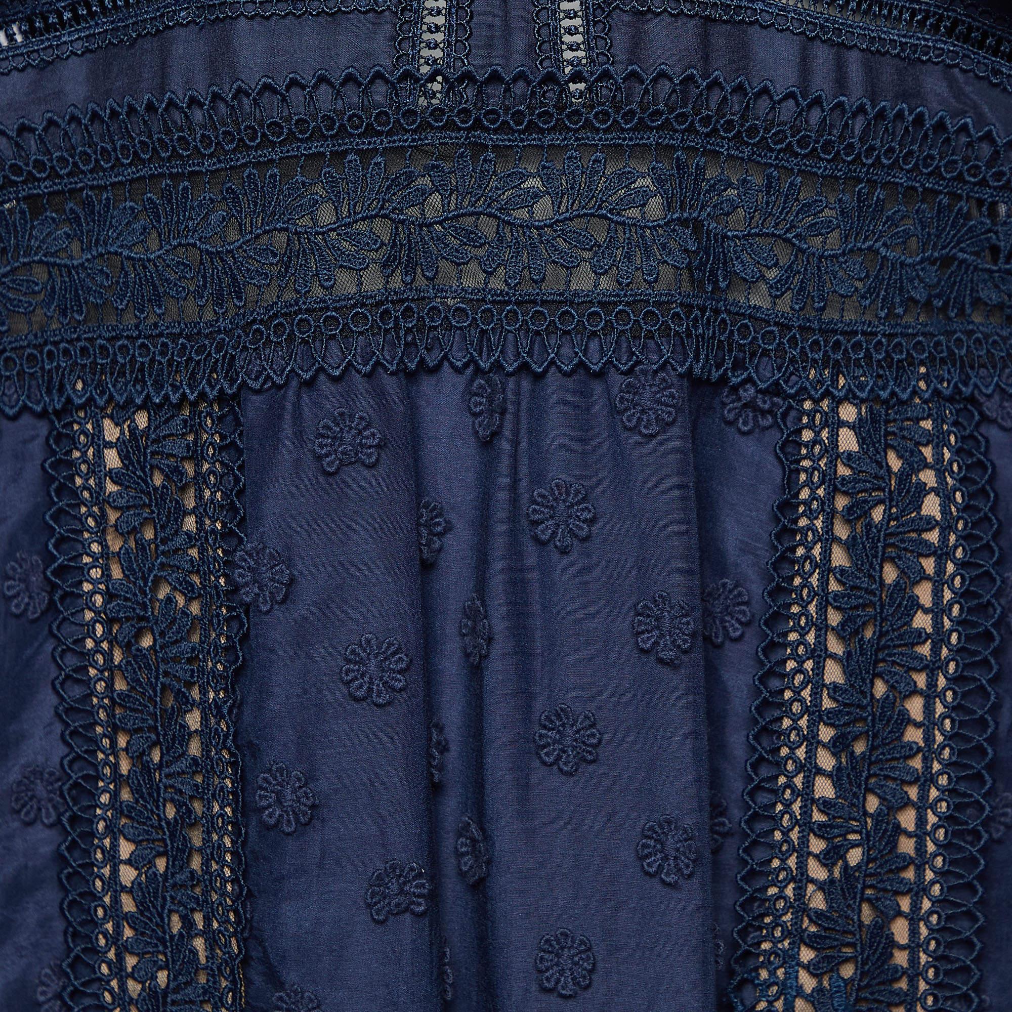Black Self-Portrait Navy Blue Lace Paneled Bluebell Midi Dress L