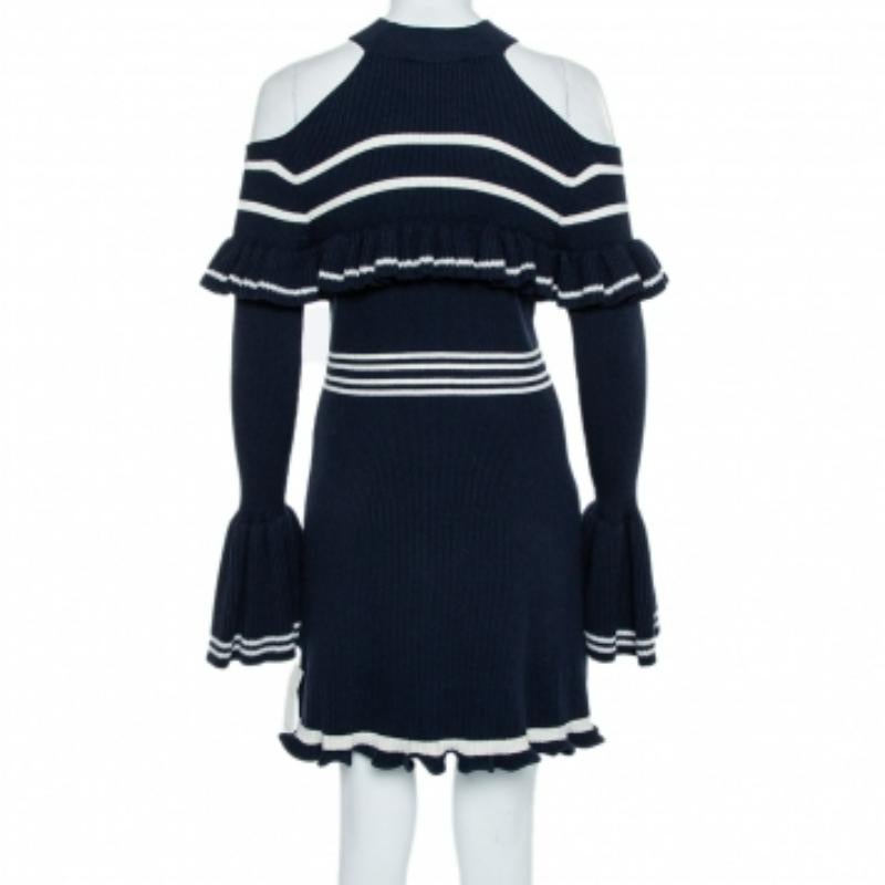 Black Self-Portrait Navy Blue Rib Knit Ruffled Cold Shoulder Dress M For Sale