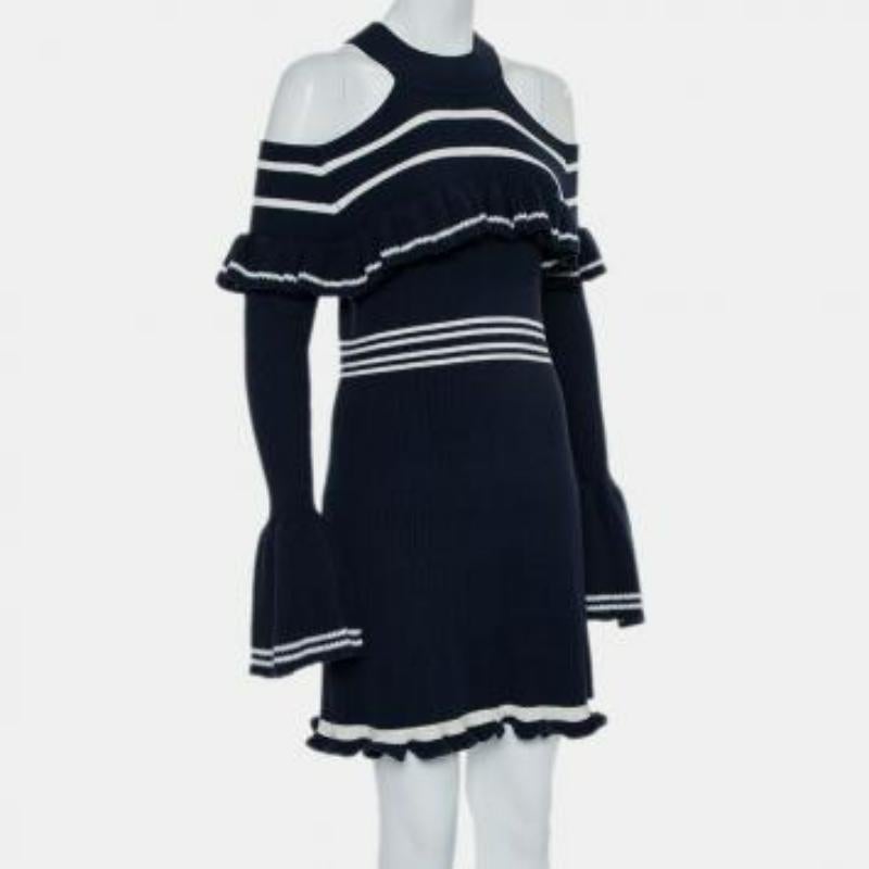 Self-Portrait Navy Blue Rib Knit Ruffled Cold Shoulder Dress M For Sale 2
