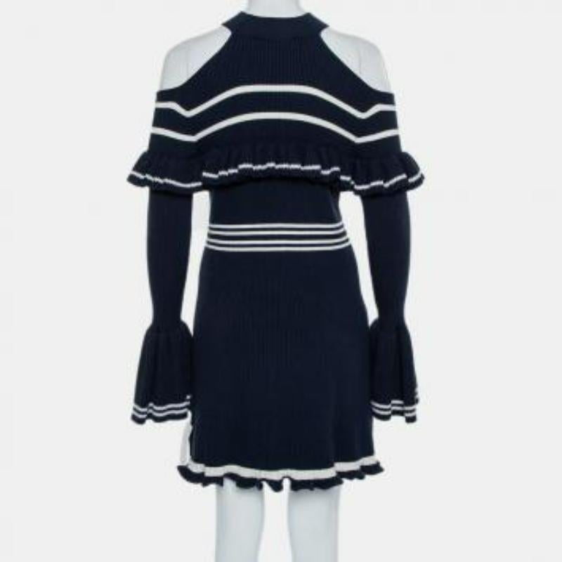 Self-Portrait Navy Blue Rib Knit Ruffled Cold Shoulder Dress M For Sale 3