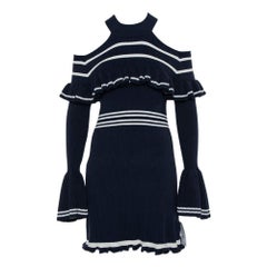 Self-Portrait Navy Blue Rib Knit Ruffled Cold Shoulder Dress M