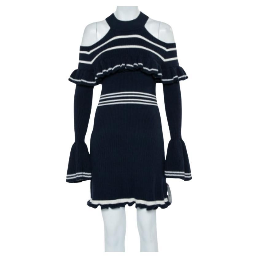 Self-Portrait Navy Blue Rib Knit Ruffled Cold Shoulder Dress M For Sale