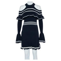 Self-Portrait Navy Blue Rib Knit Ruffled Cold Shoulder Dress M