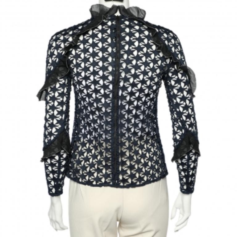 Self-Portrait Navy Blue Star Lace Ruffled Top XS In Excellent Condition For Sale In Dubai, Al Qouz 2
