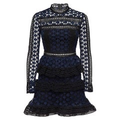 Self-Portrait Navy Blue Star Pattern Guipure Lace Ruffled Mini Dress S