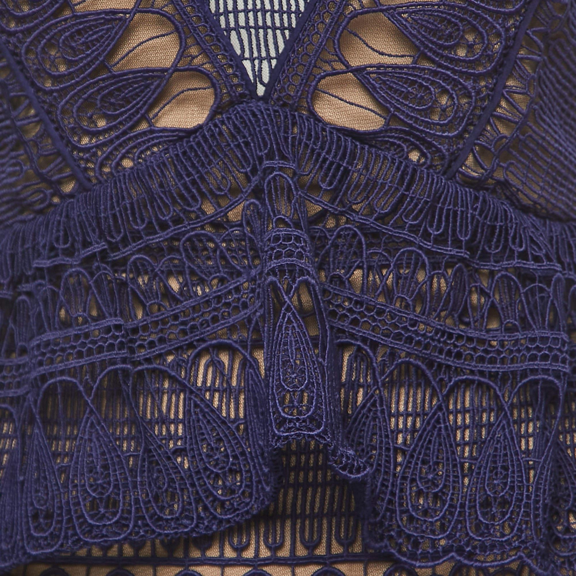 Black Self-Portrait Navy Blue Teardrop Guipure Lace Paneled Maxi Dress M For Sale