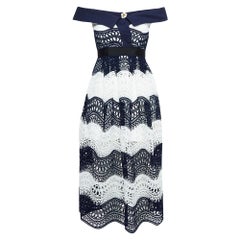 Self-Portrait Navy Blue/White Guipure Lace Off-Shoulder Dress S