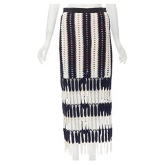 SELF PORTRAIT navy blue white striped crochet knit fringed skirt UK10 M