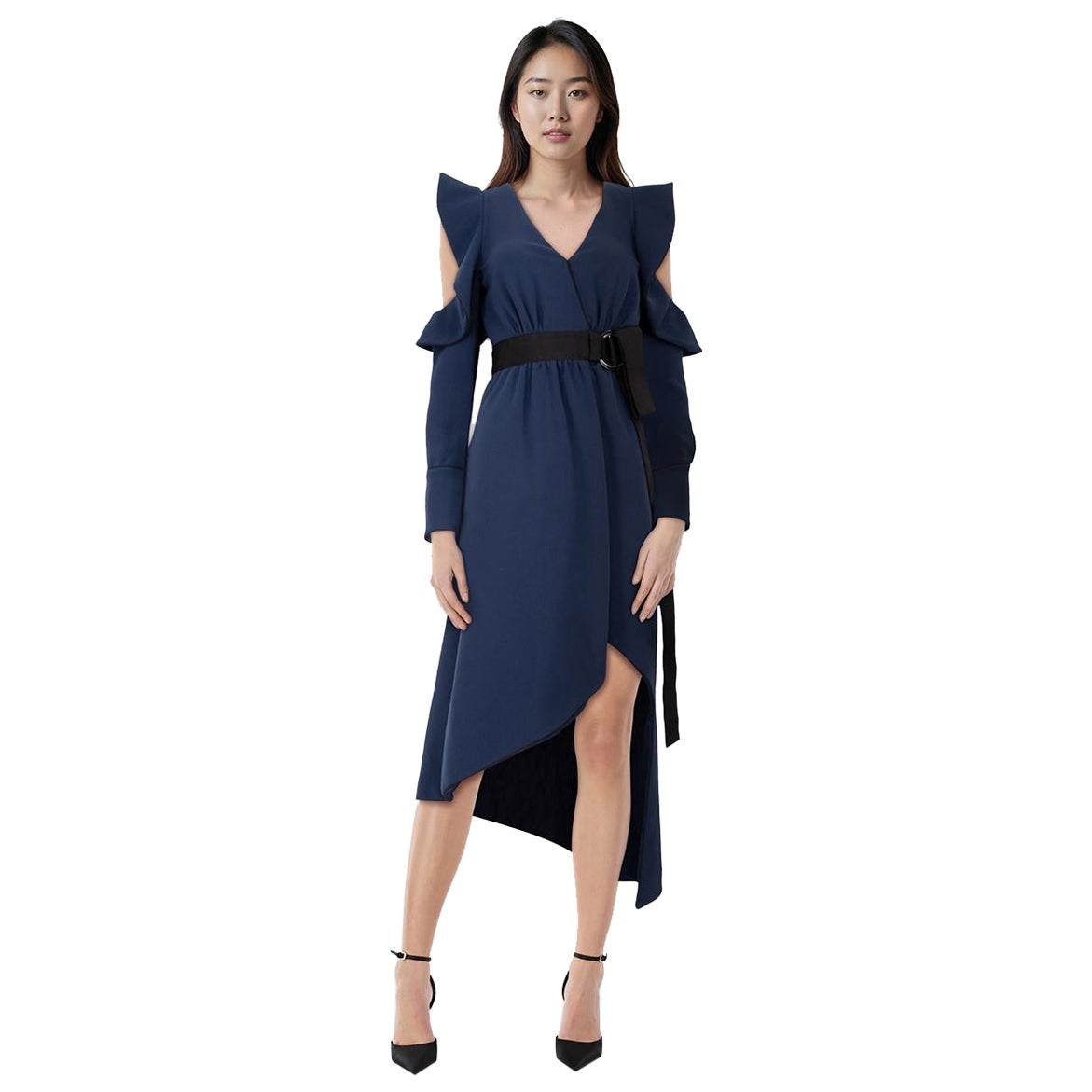 Self-Portrait Navy Cold Shoulder Asymmetric Wrap Dress Size S For Sale