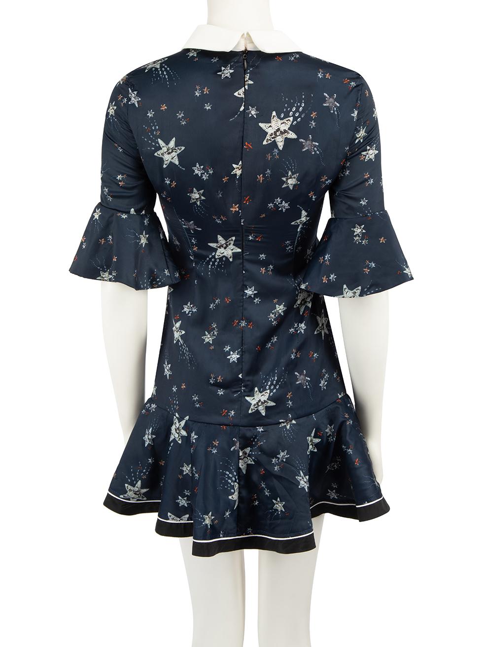 Self-Portrait Navy Star Print Zipped Detail Mini Dress Size XS In New Condition For Sale In London, GB