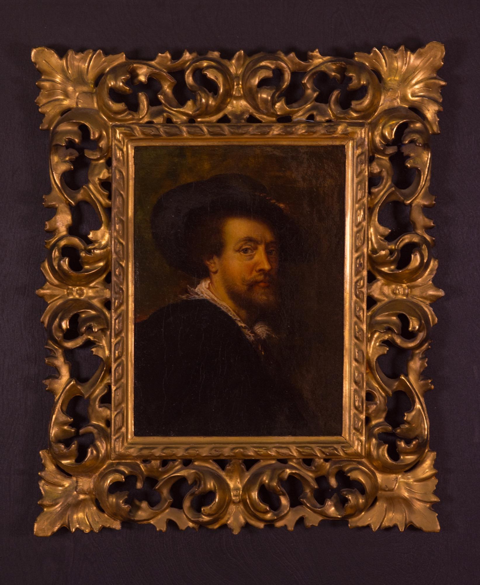 réplique hollandaise du 18ème siècle de l'Autoportrait de Sir Peter Pail Reubens, original peint par Reubens en 1623, huile sur toile. Avec le cadre original sculpté à la main et doré à l'or fin. Il a été monté sur un panneau noir peint à la main et