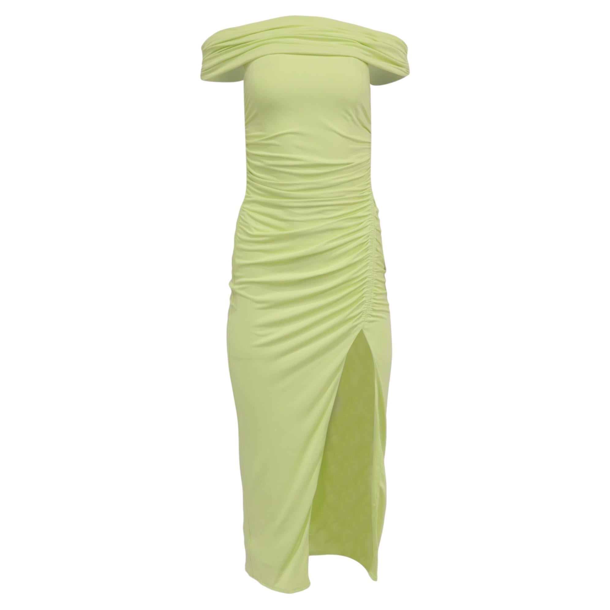 Self-Portrait Off-Shoulder Ruched Midi Dress in Lime Green Viscose For Sale