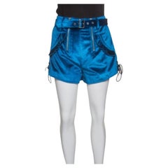 Self Portrait Peacock Blue Velvet Lace-up Cuff Belted High Waist Shorts S